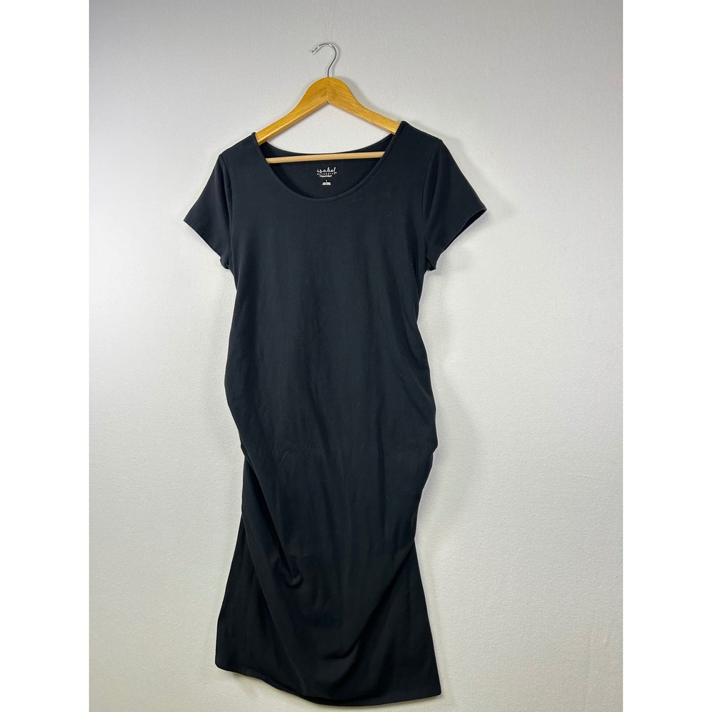 Isabel Maternity Bodycon Dress Women L Black Short Sleeve Side Ruched Scoop Neck